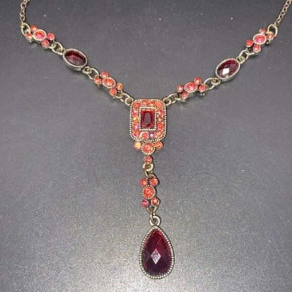 Vtg Nina Ricci Necklace For Avon Brass Tone Y Drop Red Art Deco Victorian 16" - Picture 1 of 6